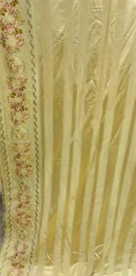 Lot 50 - Three Pairs of Edwardian Cream Self Stripe Silk Curtains, with pink rose brocade and fringed...