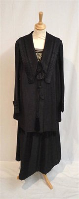 Lot 59 - A Circa 1910 Black Bombazine Two Piece Costume, including a black lace short sleeved mounted blouse