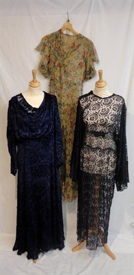 Lot 74 - Circa 1930's Evening and Day Dresses, including a navy blue velvet full length floral flocked...