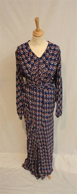 Lot 75 - Circa 1930's Bias Cut Blue Ground Crepe Dress and Belt, printed with orange and cream...