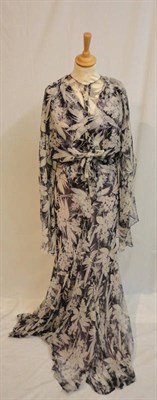 Lot 76 - Circa 1930's Navy And White Chiffon Printed Full Length Bias Cut Sleeveless Dress And Matching...