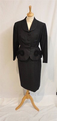 Lot 96 - A Circa 1950's 'Digby Morton Couture' Charcoal Wool Two Piece Suit with black appliqued...