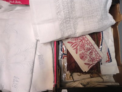 Lot 1031 - Assorted Textiles Including White Linen Sheets (some with original labels); embroidered table...