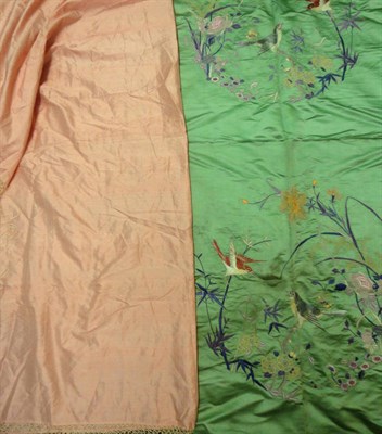 Lot 1033 - Cream Silk Shawl embroidered in cream silk with flowers; Green Silk Shawl with coloured floral...