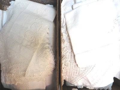 Lot 1035 - Assorted White Linen and Cotton Cloths, embroidered cloths and other assorted items (two boxes)