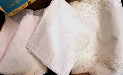 Lot 1038 - Assorted White Linen, Embroidered Cloths and other items (two boxes)