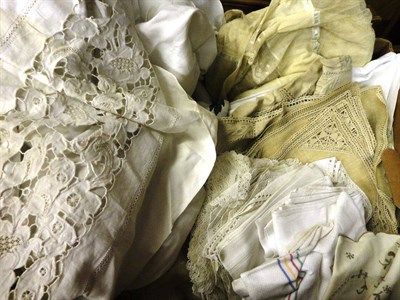 Lot 1044 - Assorted White Linen, Cut Work Bed Cover, Table Linens and other textiles etc (box and suitcase)