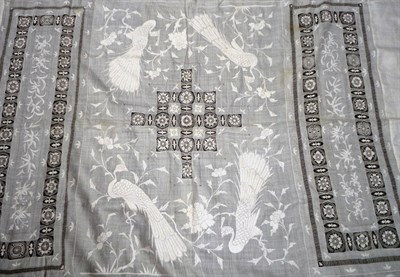 Lot 1046 - Large Chinese White Linen Table Cloth decorated with embroidery and lace insertions, 200 cm by...