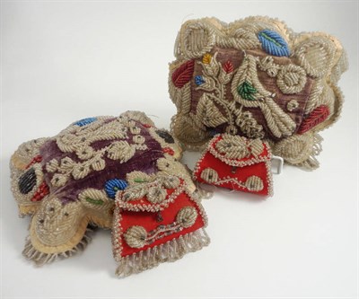 Lot 1048 - A Pair of Similar Victorian Bead Work Cushions, on a velvet ground depicting a bird on a branch...