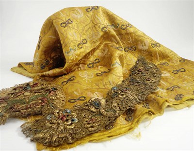 Lot 1049 - Possibly Late 17th Century or 18th Century Yellow Silk Cushion Cover embroidered with foliate...