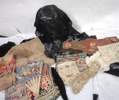 Lot 1053 - Assorted Appliques and Accessories including four unframed samplers, black lace shawl, lace...