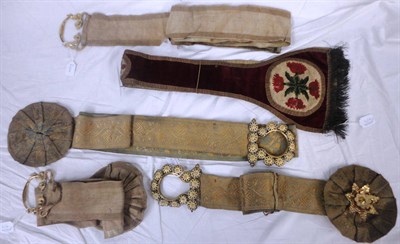 Lot 1054 - Pair of Fabric Tie Backs with gilt metal handles and matching fabric rosettes; another pair...