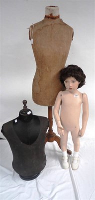 Lot 1060 - Mannequin on Oak Tripod Stand and fabric mount; Gents Ebonised Table Top Mannequin Torso on...