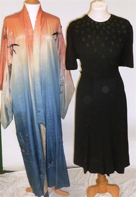 Lot 1075 - Circa 1930's and Later Costume including a velvet striped dress with three quarter length...