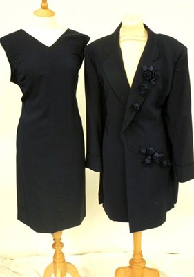 Lot 1084 - Catherine Walker Navy Wool and Silk Suit comprising a sleeveless shift dress and long line...