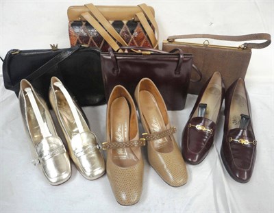 Lot 1105 - Assorted Handbags and Shoes including Rayne, Ferragamo etc (two boxes)