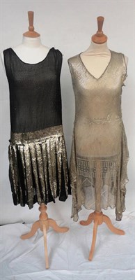 Lot 1118 - Woven White Metal 1920's Shift Dress with a handkerchief hem; Black Chiffon Shift Dress with a drop