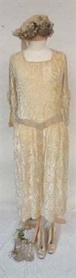 Lot 1119 - Early 20th Century Cream Velvet Flocked Wedding Dress with pearl and beaded decoration, pair of...