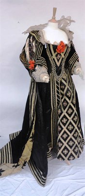 Lot 1120 - 17th Century Style Black Satin Two Piece with fitted bodice, stomacher, voluminous slashed...