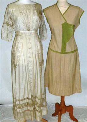 Lot 1123 - Circa 1920's Cream Silk Linen Drop Waist Dress with green trim detailing; Edwardian White...