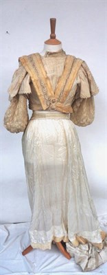 Lot 1126 - Edwardian Cream Silk Two Piece Wedding Outfit, with velvet and lace mounts and trims, cotton...