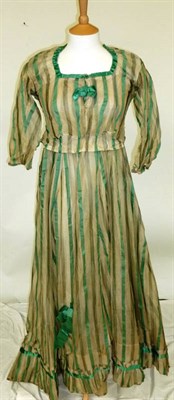 Lot 1128 - 19th Century Green and Grey Striped Evening Dress with fitted bodice, capped sleeves, silk...