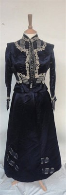 Lot 1130 - Late 19th Century Navy Blue Silk Two Piece with fitted bodice, lace floral appliques, blue and grey