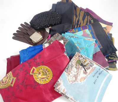 Lot 1132 - Assorted Silk, Wool and other Scarves including Liberty, Jacqmar; black sequin evening bag, Dubarry