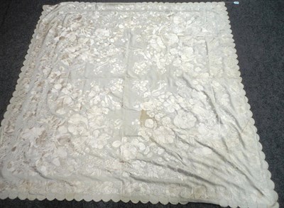 Lot 1134 - Early 20th Century Cream Silk Square Shawl with a scallop shaped edging, embroidered with...