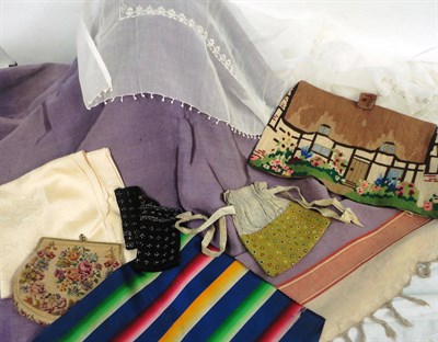 Lot 1135 - Assorted Costume Accessories including a wool work and silk drawstring bag; petit point floral...