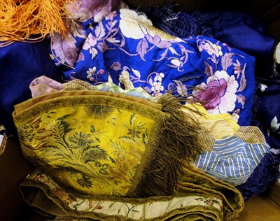 Lot 1147 - Chinese Blue Silk Embroidered Shawl, peach silk shawl, embroidered kimono; patchwork panel and...