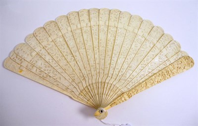 Lot 1152 - Carved Ivory Brisee Fan decorated with figures and foliate motifs, comprising 18 sticks and two...