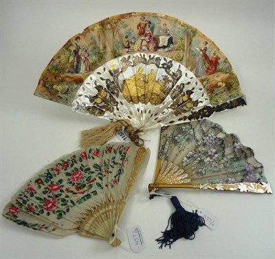 Lot 1157 - Mother of Pearl Pierced and Painted Fan with printed and hand coloured paper mount, 26 cm; and...