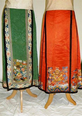Lot 1176 - Chinese Red Silk Pleated Skirt embroidered with dragons, exotic birds; Green Figured Silk Skirt...