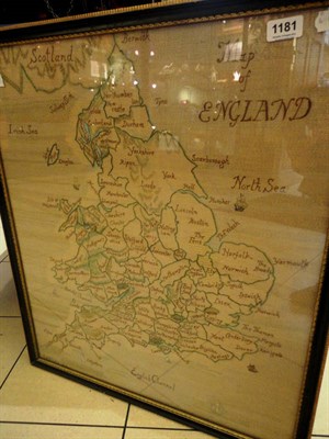 Lot 1181 - Framed Embroidery 'Map of England' Worked by Judith Lear dated 1936, worked in green and blue silks