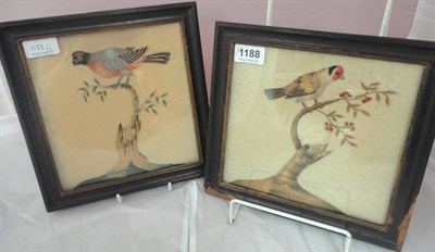 Lot 1188 - Pair of Early 19th Century Embroidered Pictures depicting birds on a branch, on a cream wool...