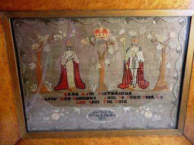 Lot 1189 - Maple Framed Commemorative Embroidery Worked by Hilda C Hankes 1911, depicting the King George...