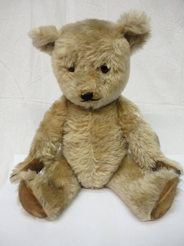Lot 1009 - Circa 1950's Pale Plush Jointed Teddy Bear, with stitched nose and claws, velvet pads and glass...