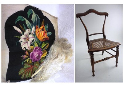 Lot 1014 - Dolls Beech Framed Chair with caned seat, 54cm high; Wool Work Panel of floral design on a...
