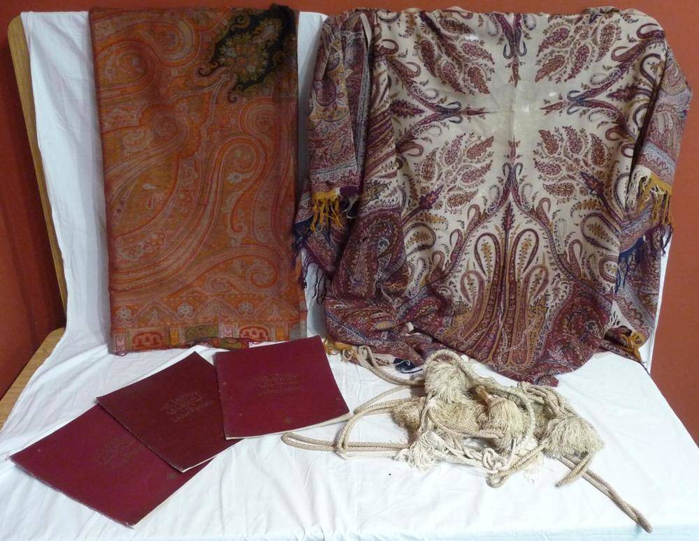 Lot 1022 - Woven Red Ground Paisley Shawl; a printed Paisley Shawl; fashion books and curtain tie backs...