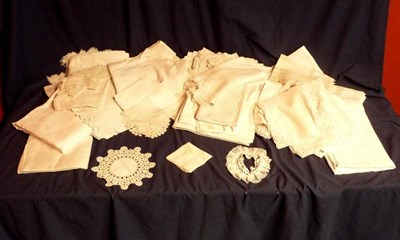 Lot 1023 - Assorted White Linen Cloths, some with crochet edging, damask cloths, textiles etc (one box)