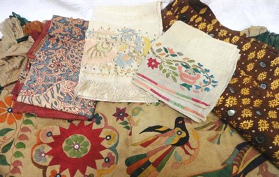 Lot 1025 - Assorted Embroidered Ottoman and Other Towels; Embroidered and Appliqued Indian Tent Hanging; Woven