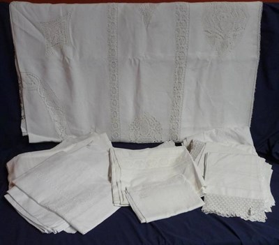 Lot 1031 - Assorted Linen Embroidered Cloths and a large banqueting cloth with lace insertions etc (one box)