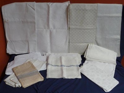 Lot 1034 - Assorted Damask Table Cloths, monogrammed banqueting cloth etc (one box)
