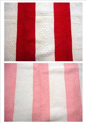 Lot 1035 - Red and White Striped Quilt, 200cm by 236cm; Pale Pink and White Striped Quilt, 190cm by 240cm (2)