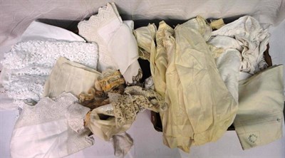 Lot 1037 - Assorted White Linen Cloths, Lace Trimmings, Costume etc (two boxes)