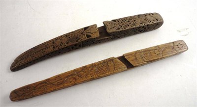 Lot 1041 - Treen Knitting Sheath, carved with geometric designs and initialled 'TW MH 1792'; Another...
