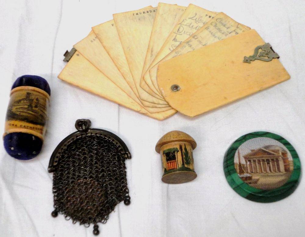 Lot 1044 - Mauchlineware Double Ended Pin Cushion 'Iona Cathedral'; Miniature Mesh Purse, with a hinged...