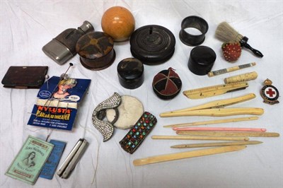 Lot 1045 - Assorted Sewing Accessories, including pin cushions, silver napkin ring, bone accessories, hair...