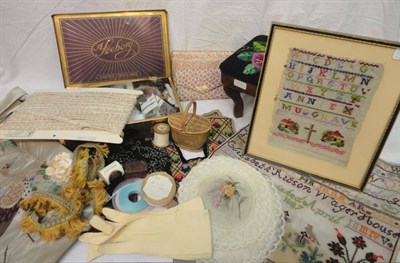 Lot 1049 - Assorted Sewing Accessories, Bead Work, Buttons, two brocade evening bags; silk embroidered...